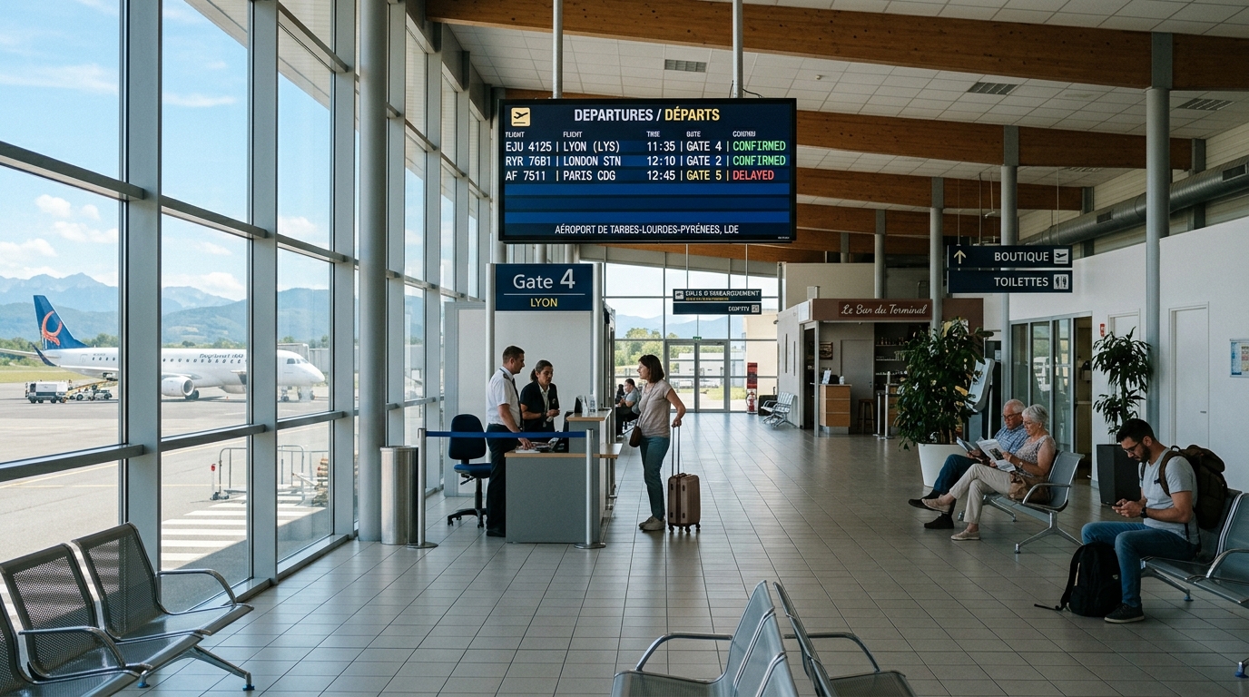 Terminal d'un petit aéroport régional français avec peu de monde et des panneaux de départ