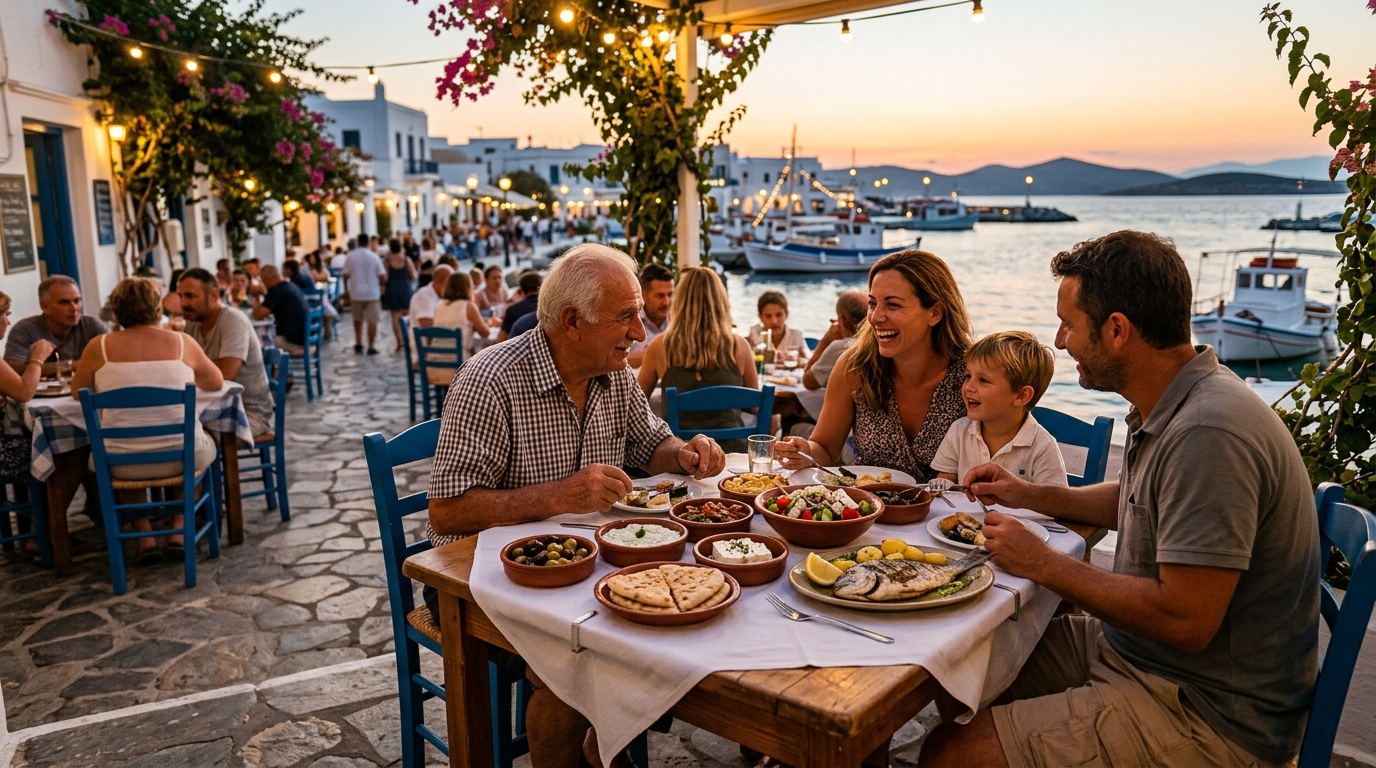 Taverne grecque locale à Paros avec tables en terrasse et plats traditionnels