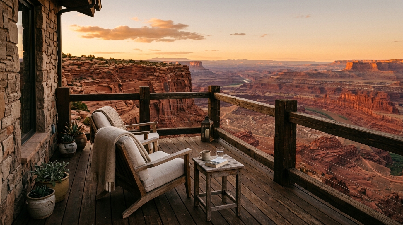 Terrasse privée d'une suite de Red Cliffs Lodge avec vue sur les canyons rouges de l'Utah au coucher du soleil
