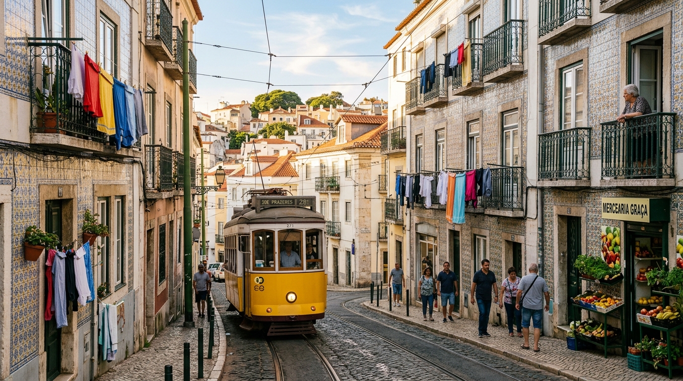 Tram 28 traversant un quartier historique de Lisbonne avec façades en azulejos