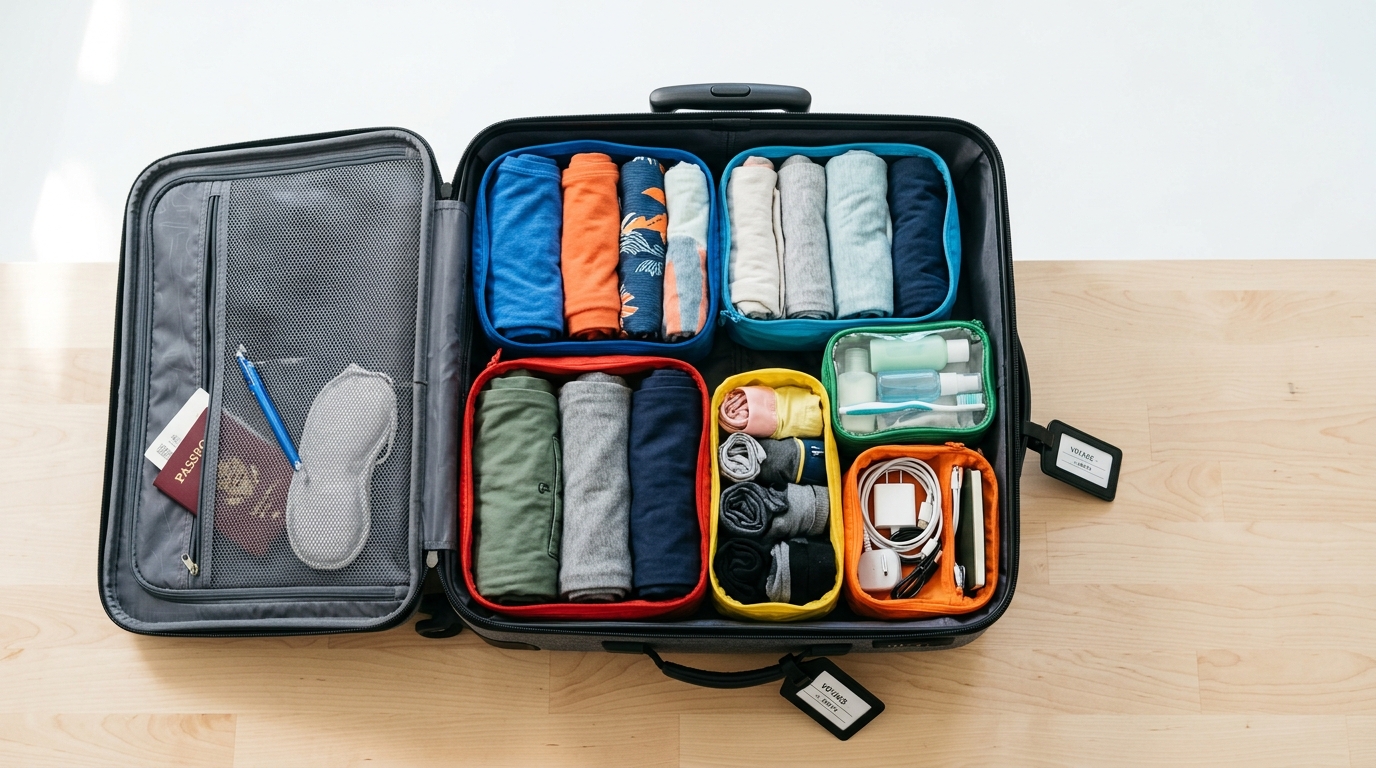 Valise cabine posée sur un lit avec vêtements organisés par cubes de rangement