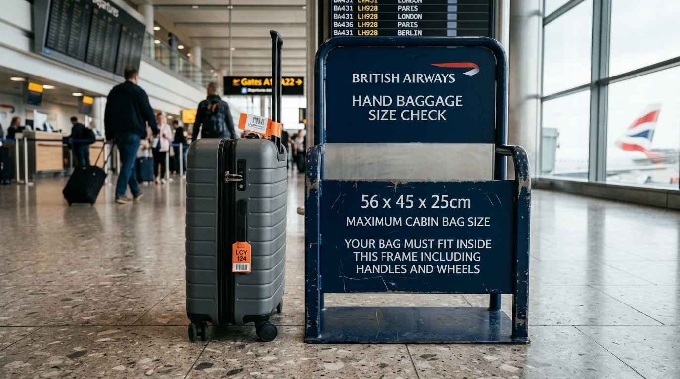 Valise cabine posée sur un tapis d'aéroport avec gabarit de contrôle