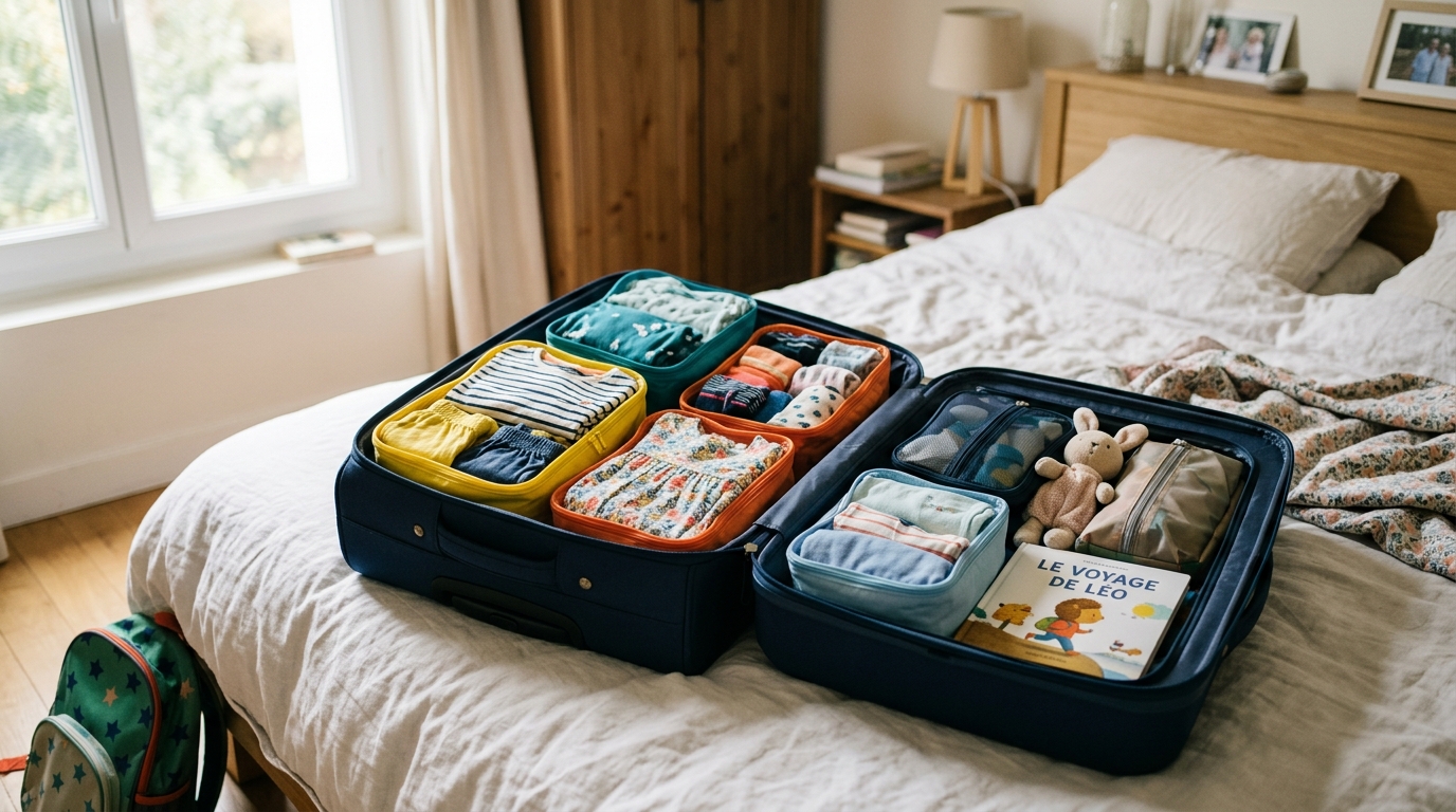 Valise ouverte bien organisée avec pochettes de rangement colorées pour un voyage en famille
