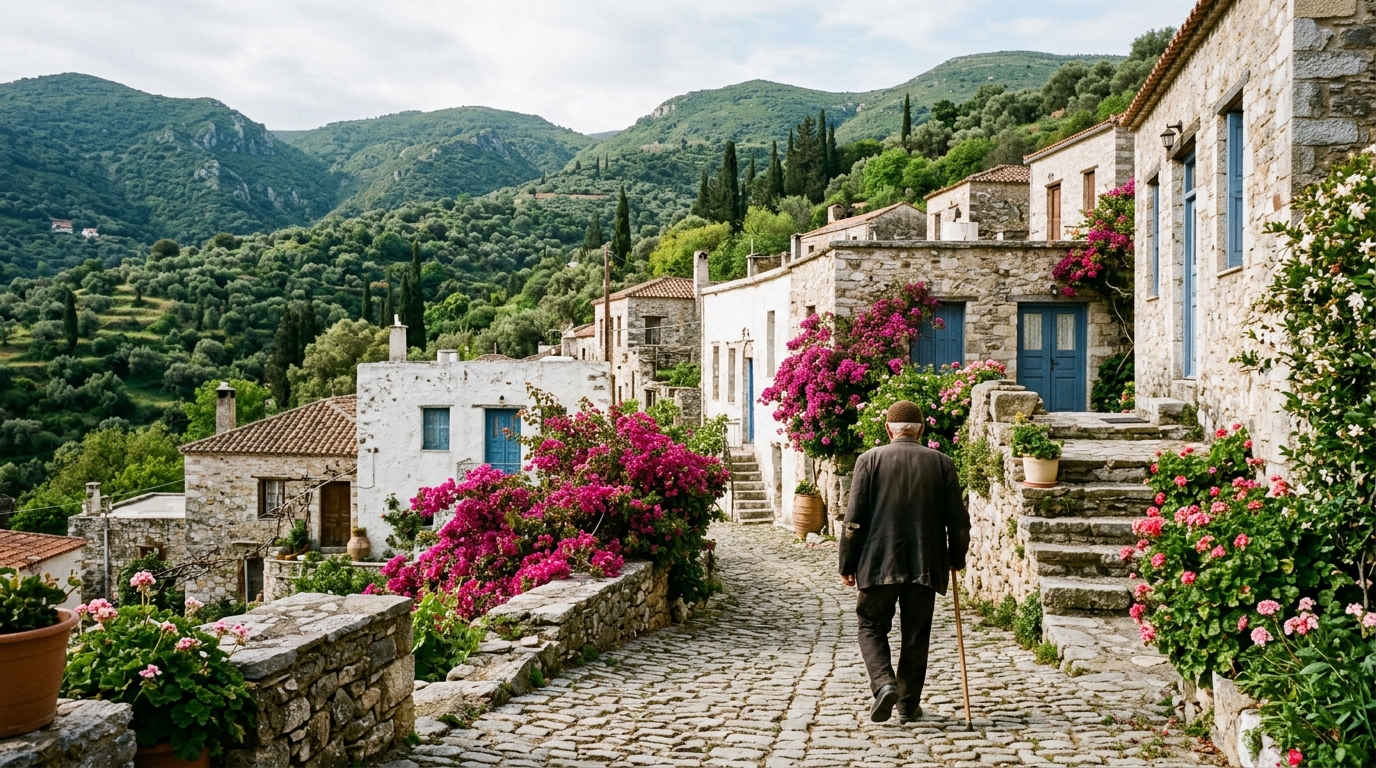 Village de montagne crétois au printemps avec paysage verdoyant