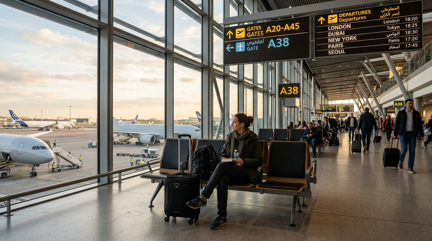 Voyageur attendant sa correspondance dans un grand hub aéroportuaire moderne