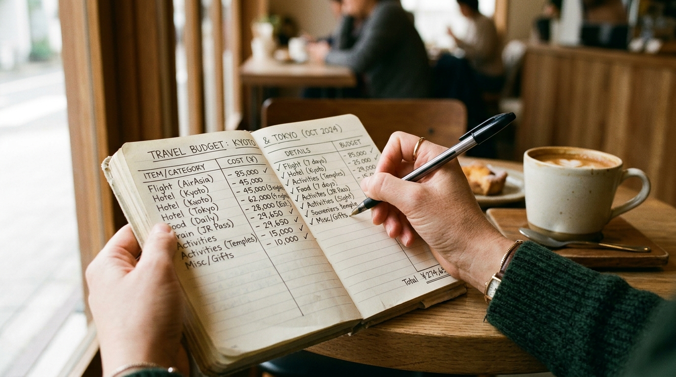 Voyageur calculant son budget voyage sur un carnet et une application mobile