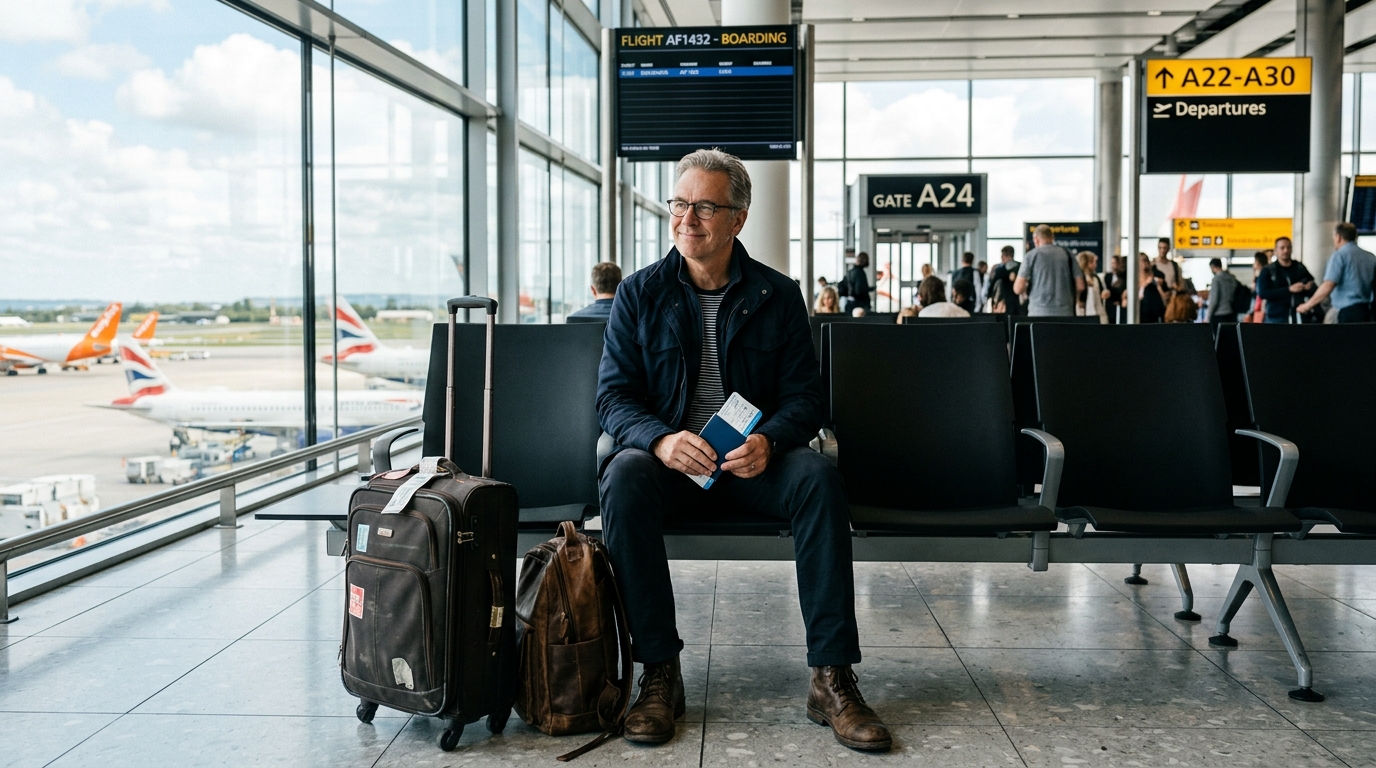 Voyageur calme et organisé dans une zone d'attente d'aéroport, boarding pass en main