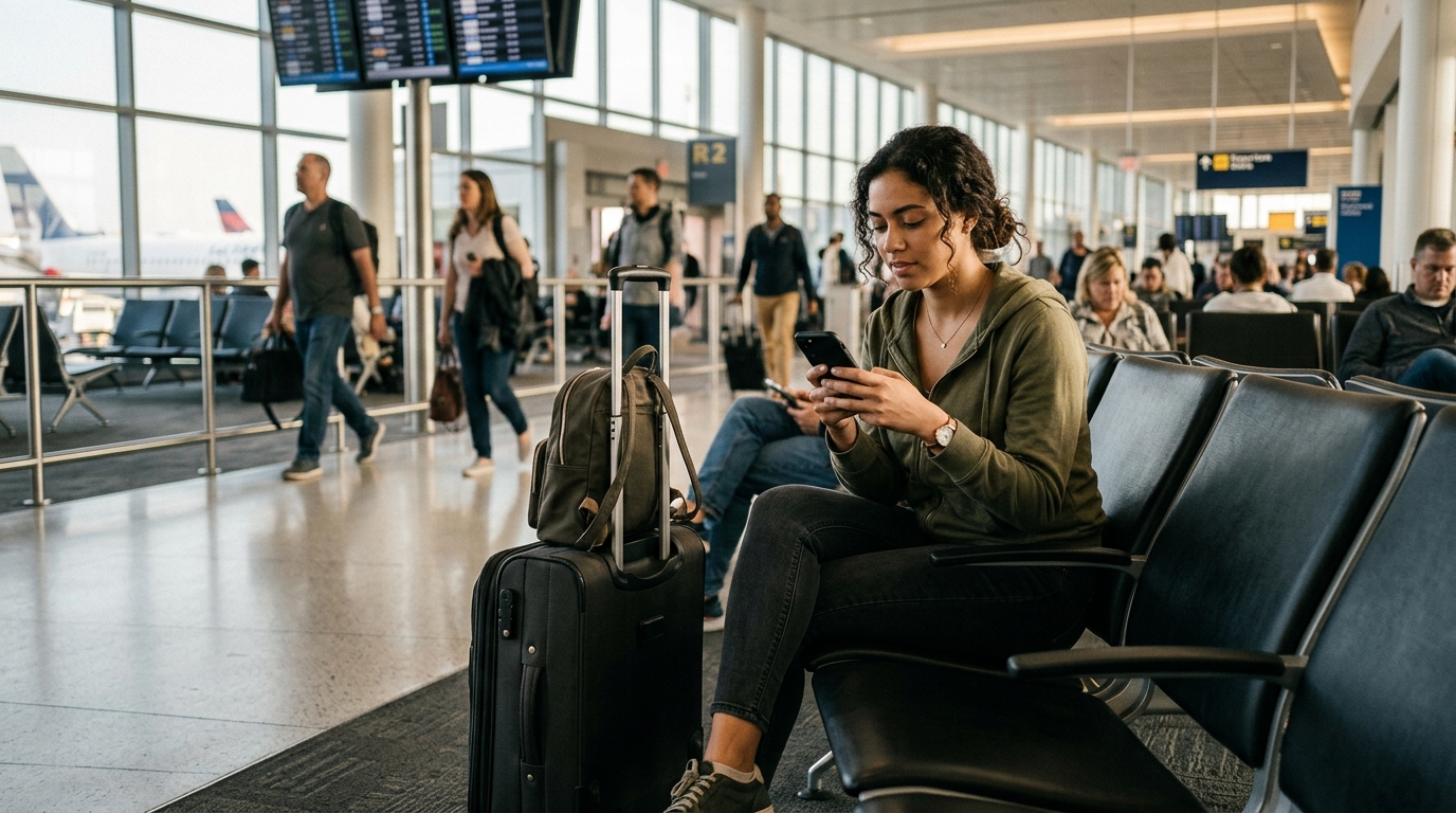 Voyageur comparant des billets d'avion easyJet et Transavia sur son téléphone à l'aéroport