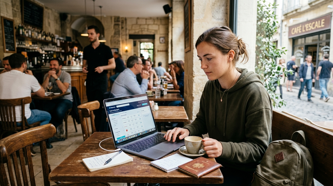 Voyageur comparant des billets d'avion sur un ordinateur portable dans un café