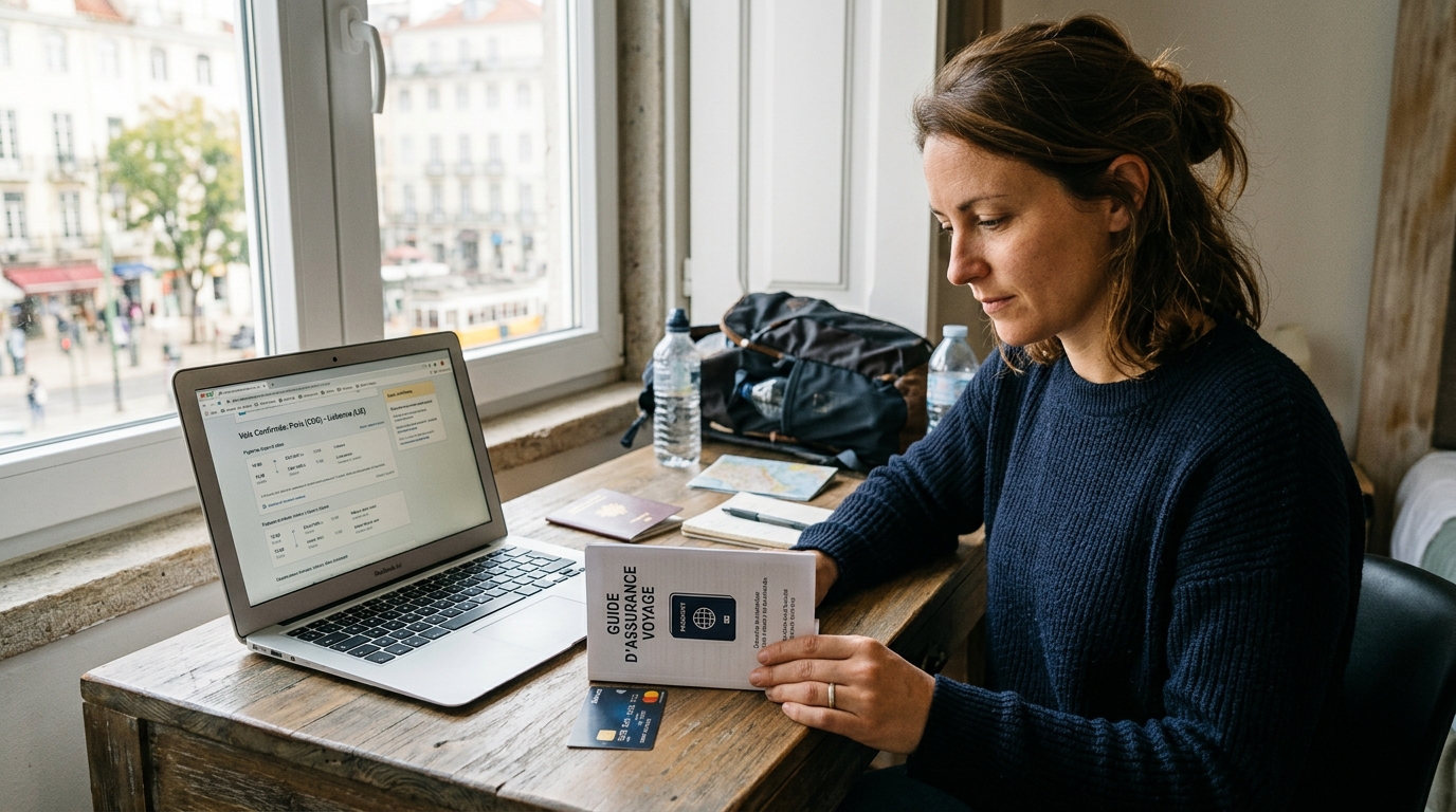 Voyageur comparant sa carte bancaire premium et un contrat d'assurance voyage avant un vol