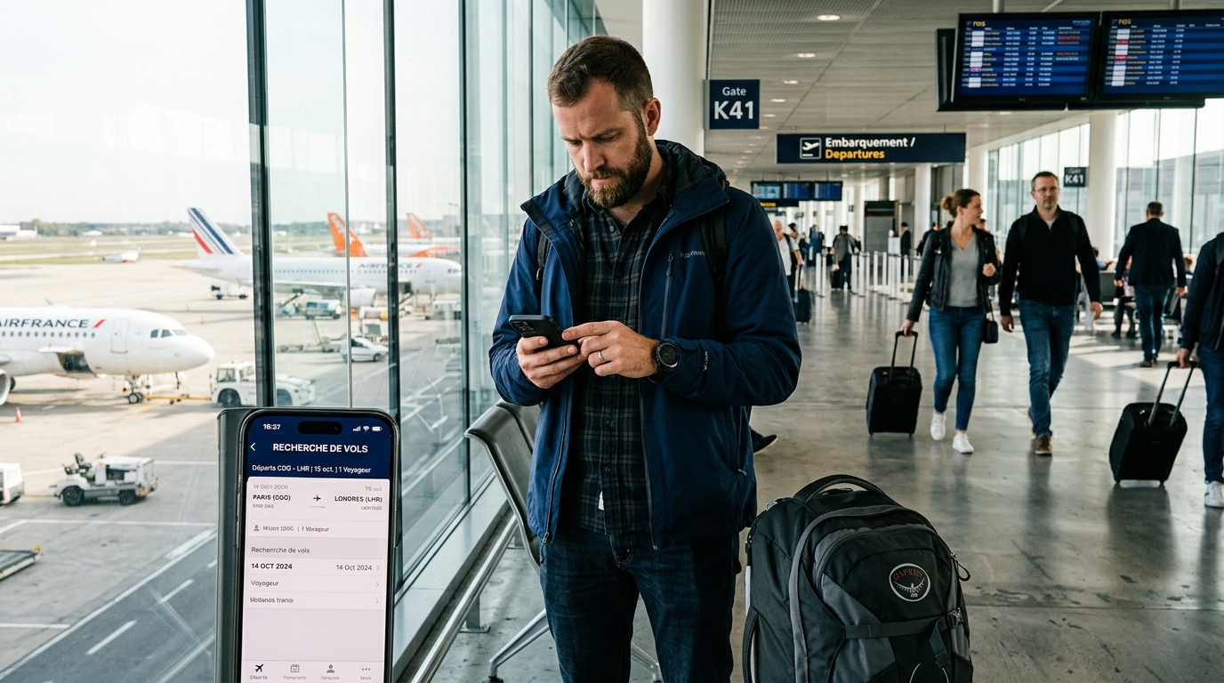 Voyageur consultant Google Flights sur un smartphone dans un aéroport