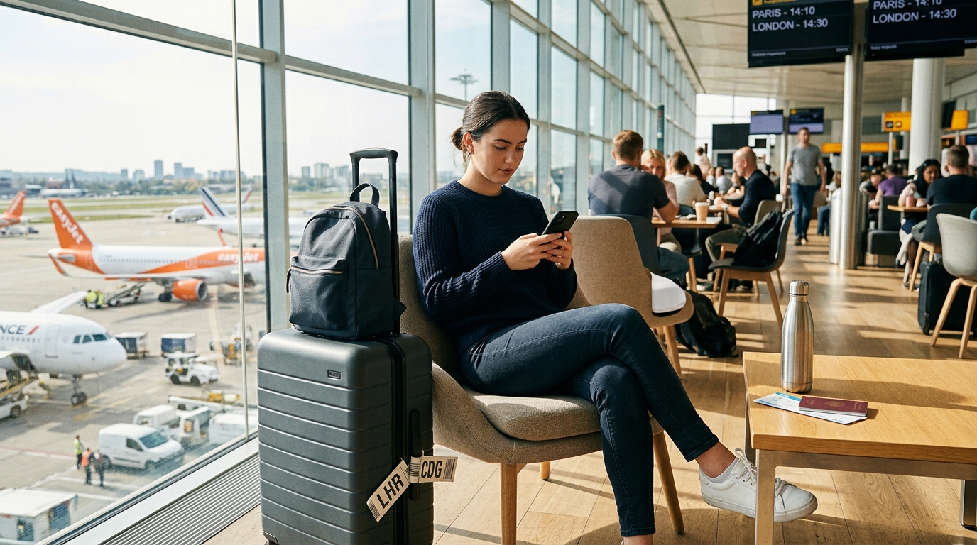 Voyageur vérifiant les frais supplémentaires d'un vol low cost sur son téléphone à l'aéroport
