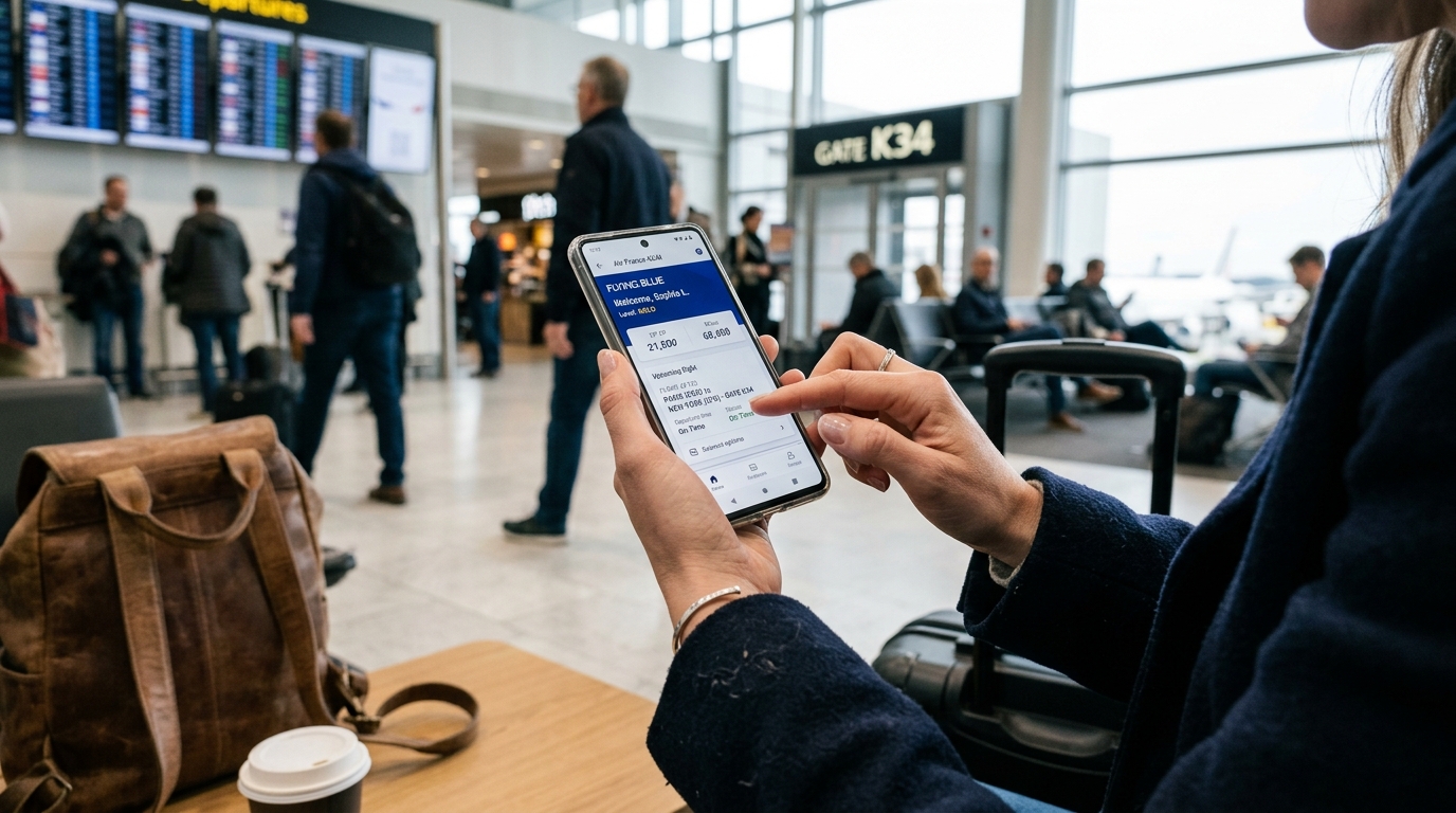 Voyageur consultant son programme de fidélité aérien sur smartphone