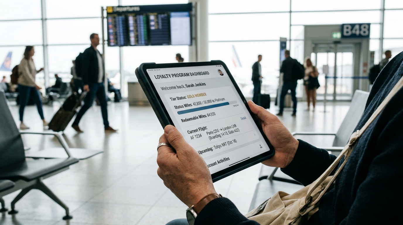 Voyageur consultant son programme de fidélité aérien sur tablette dans un aéroport