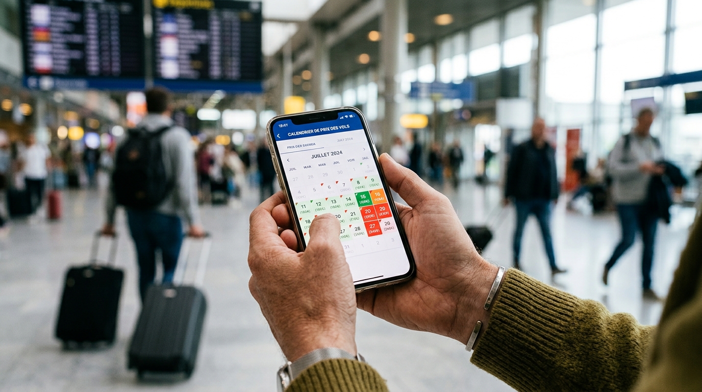 Voyageur consultant un calendrier flexible sur son téléphone pour trouver le meilleur prix de vol