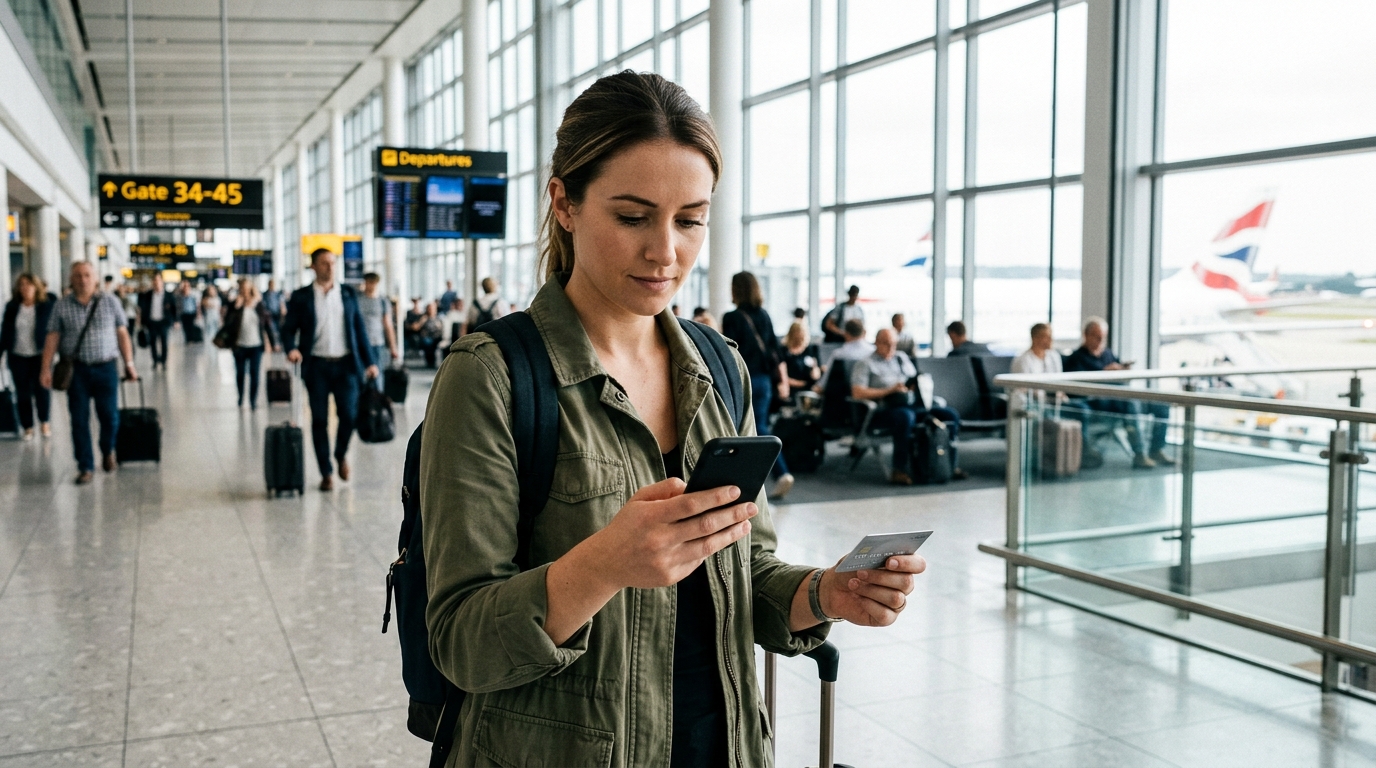 Voyageur dans un aéroport consultant son téléphone avec une carte bancaire en main