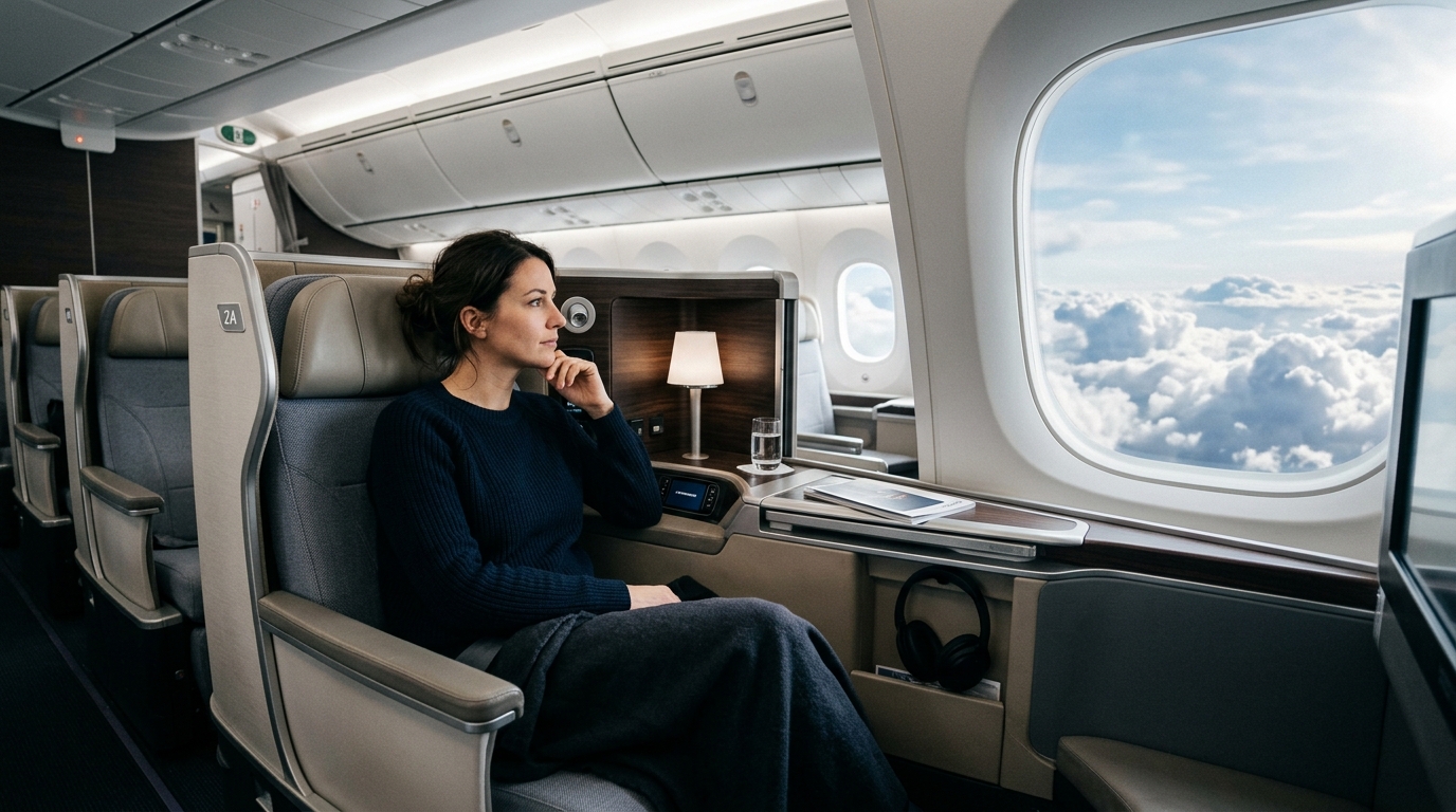 Voyageur en classe affaires dans un avion regardant par le hublot