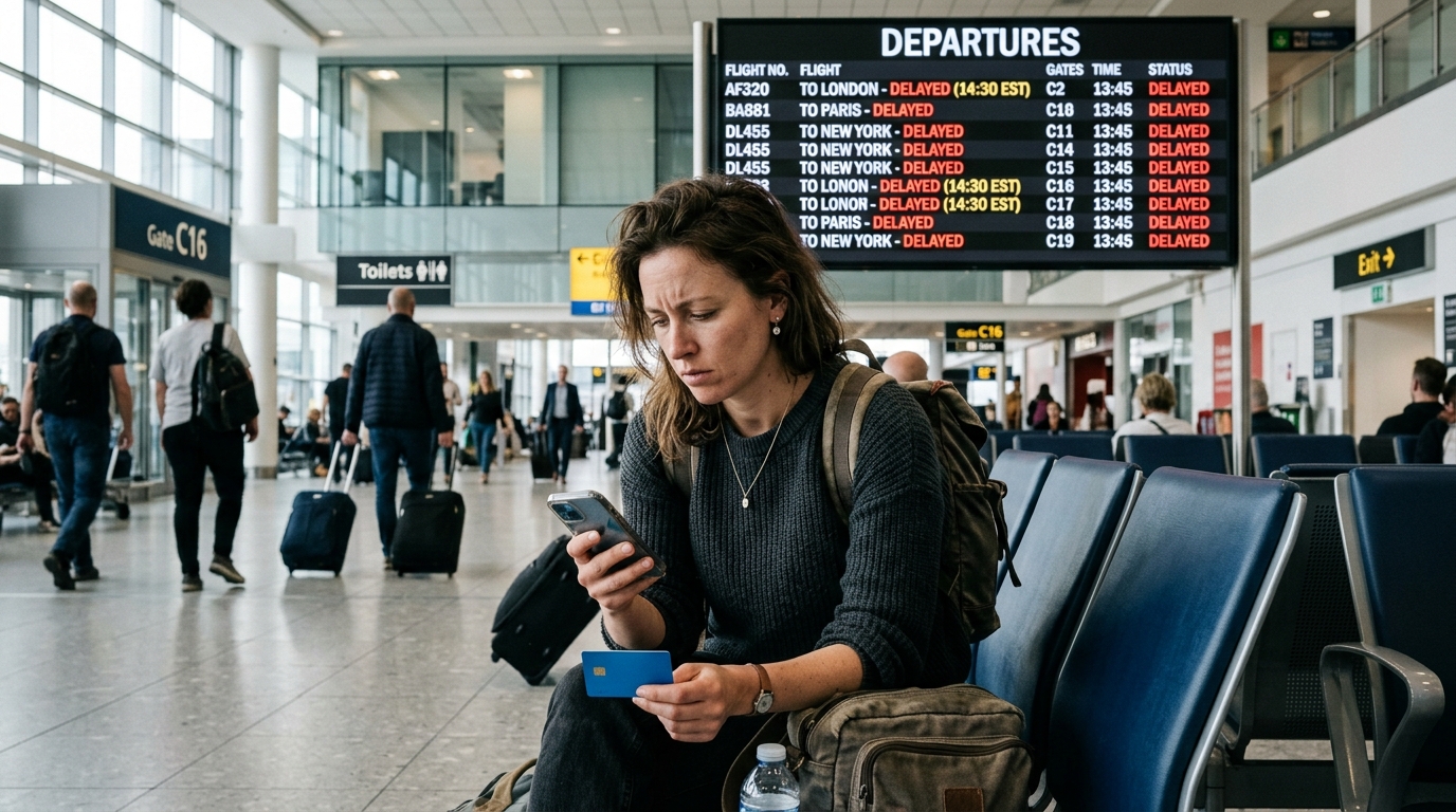 Voyageur en salle d'attente d'aéroport avec téléphone et carte bancaire, vol retardé