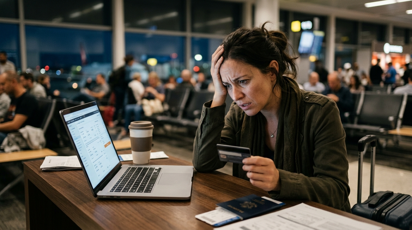 Voyageur frustré devant un écran d'ordinateur avec des prix de billets d'avion élevés
