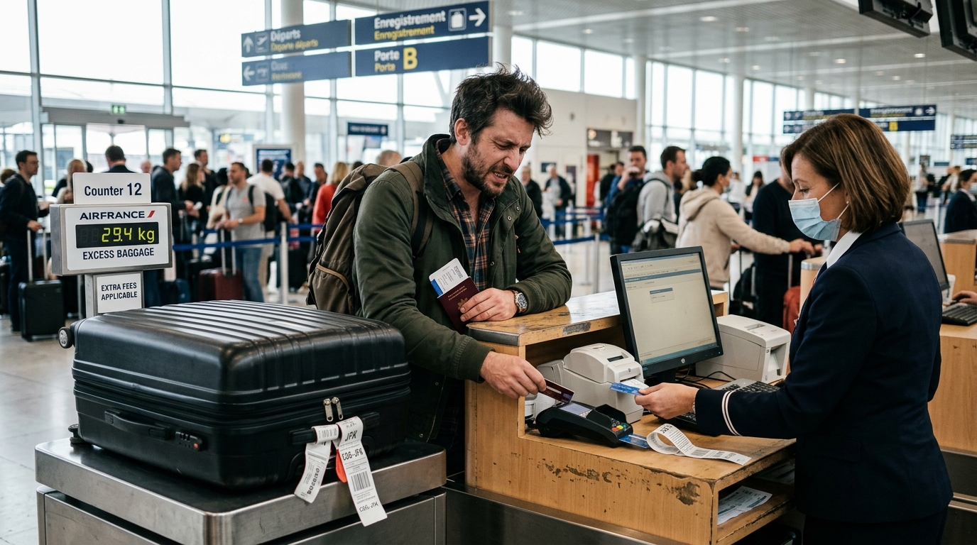 Voyageur payant des frais supplémentaires au comptoir d'embarquement pour sa valise