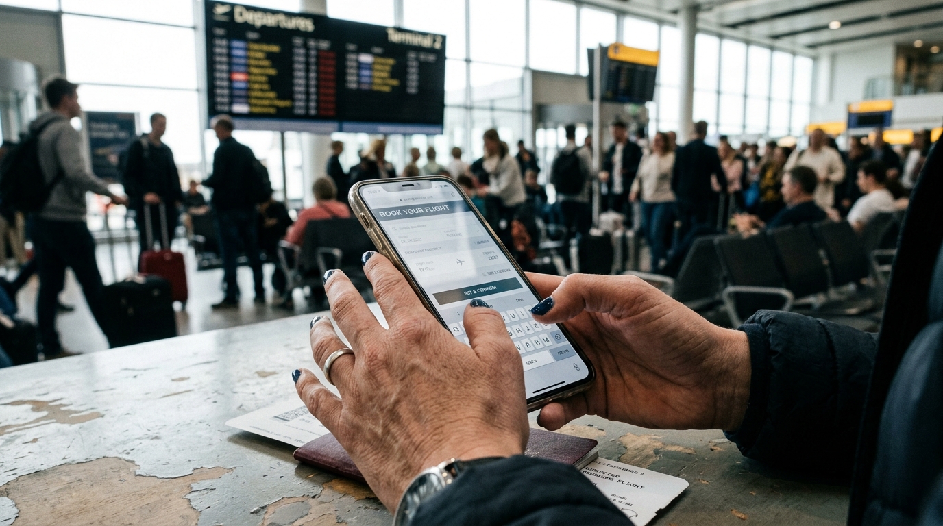 Voyageur qui réserve rapidement un billet sur son téléphone après avoir repéré une erreur tarifaire