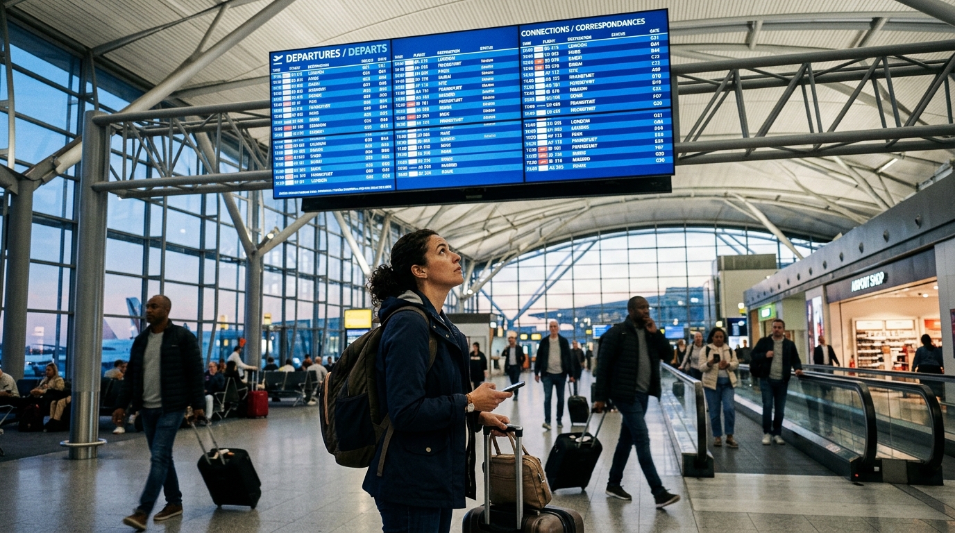 Voyageur regardant les panneaux de correspondance dans un grand aéroport international