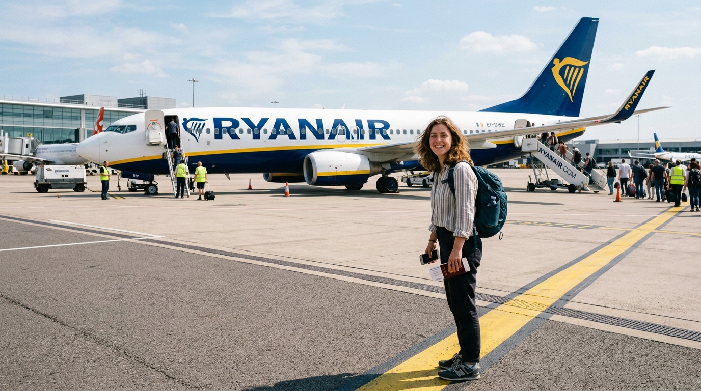Voyageur souriant avec un bagage cabine compact devant un avion low cost