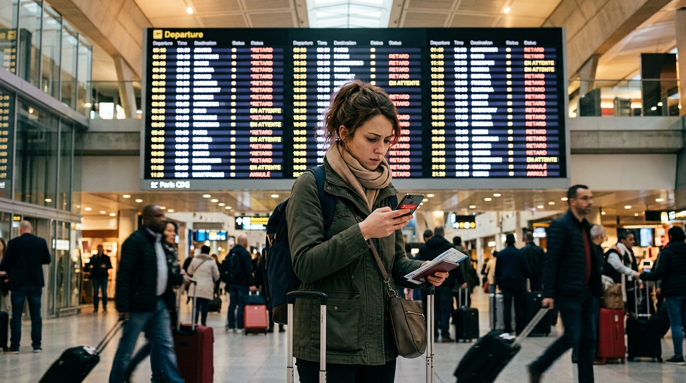 Voyageur stressé devant un tableau d'affichage de vols de dernière minute à l'aéroport