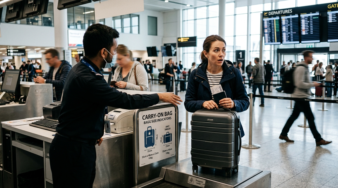 Voyageur surpris devant le comptoir d'une compagnie low cost avec une valise cabine refusée