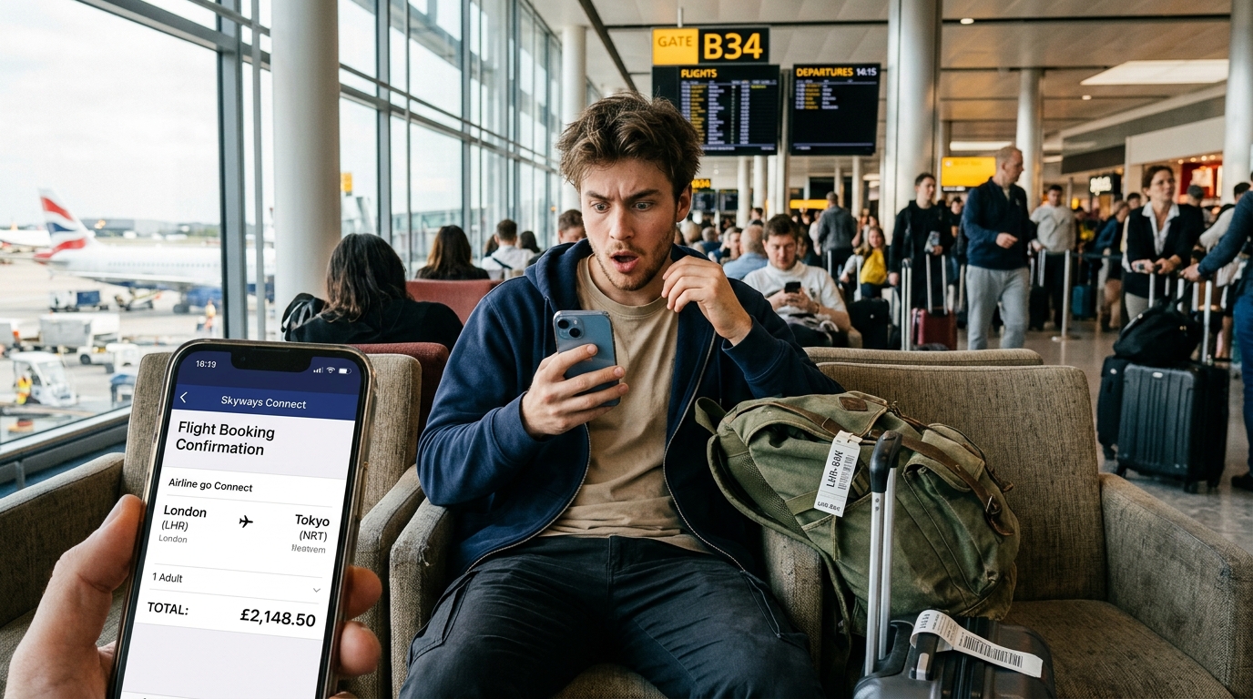 Voyageur regardant son téléphone avec surprise face au prix final d'un billet d'avion