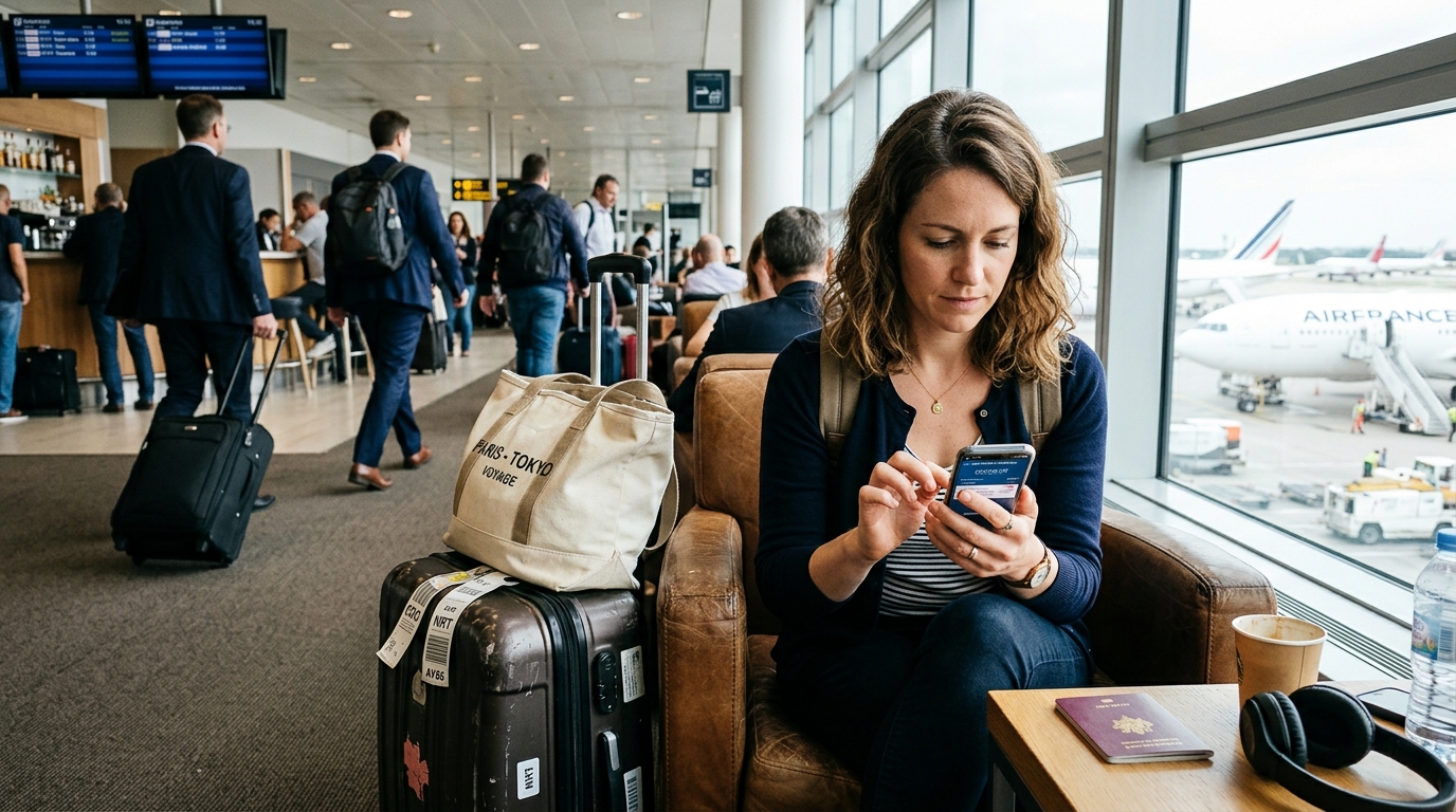 Voyageur utilisant une carte bancaire sans frais à l'étranger pour payer
