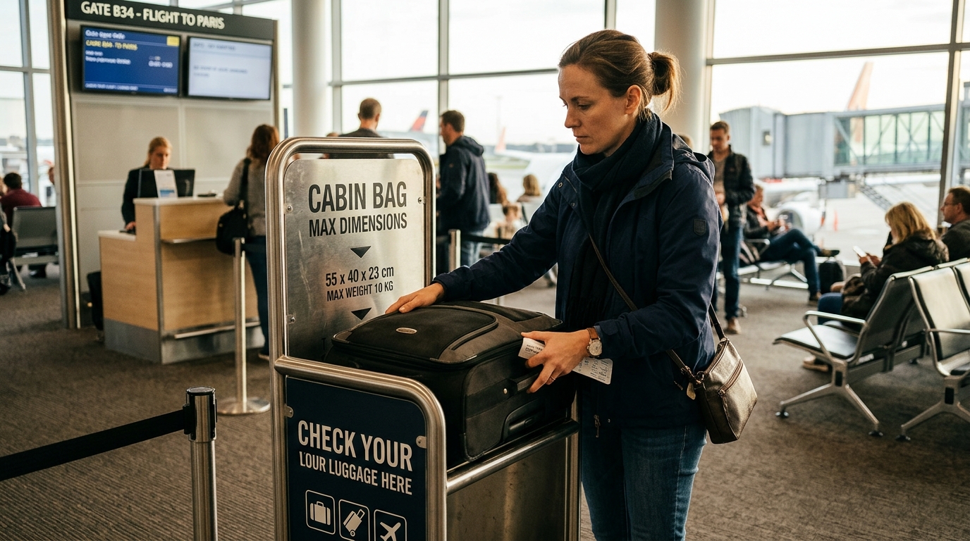Voyageur comparant les tailles de bagages cabine et soute à l'aéroport