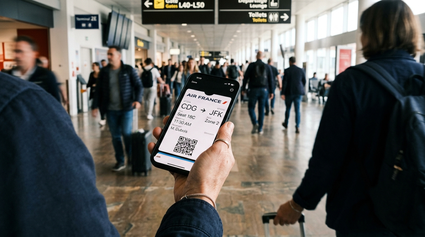 Voyageur vérifiant sa carte d'embarquement sur smartphone dans un couloir d'aéroport