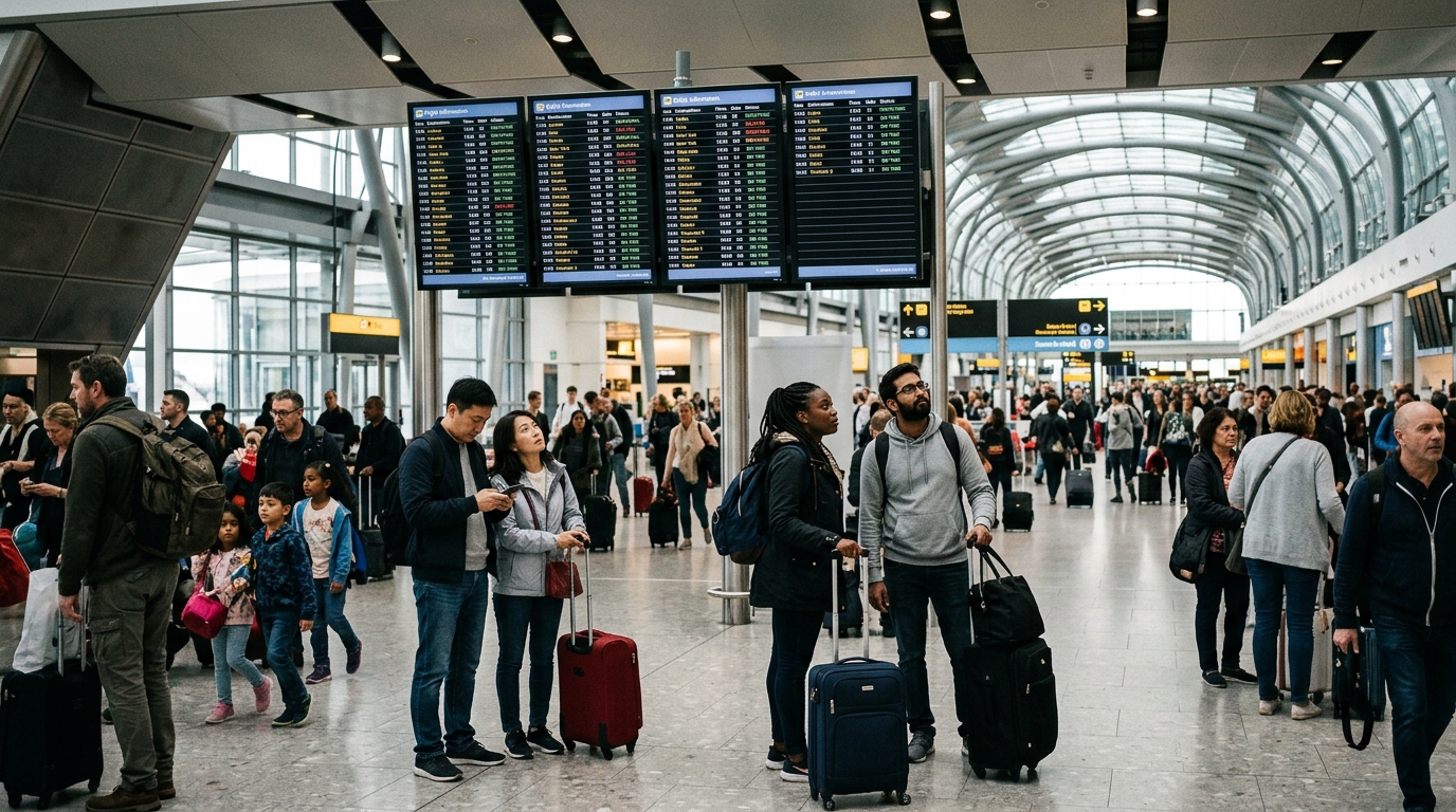 Passagers dans un aéroport regardant les tableaux d'affichage des vols