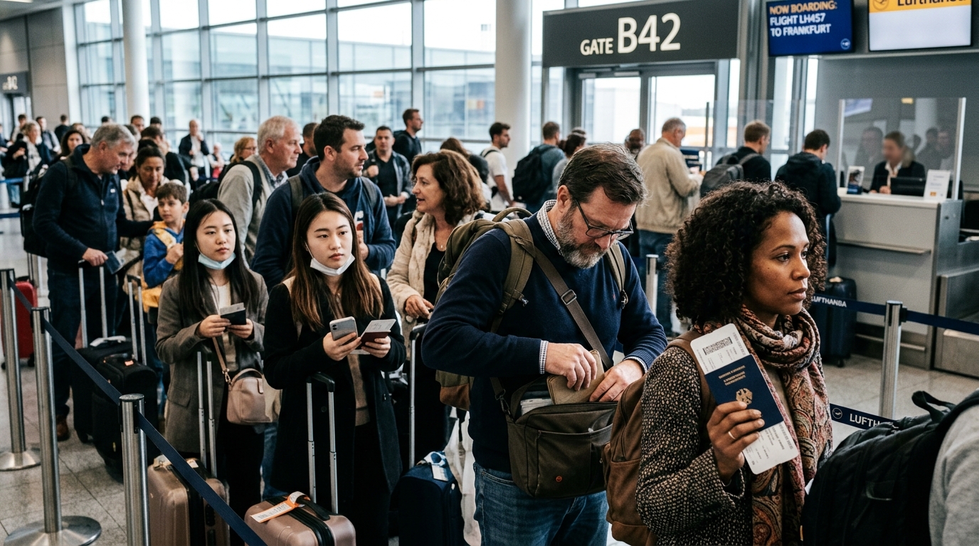 Voyageurs en file d'attente à la porte d'embarquement dans un aéroport moderne