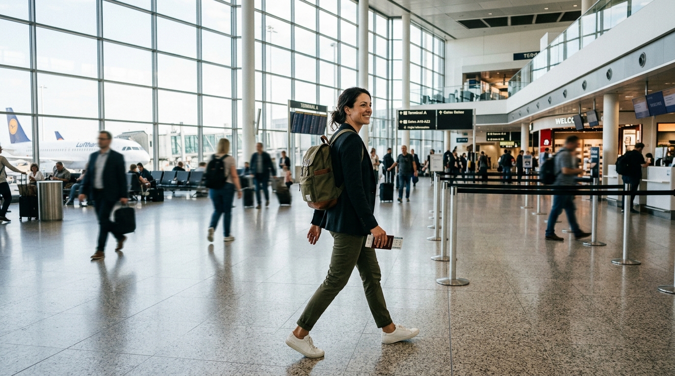Femme voyageant avec un seul sac à dos cabine dans un aéroport moderne