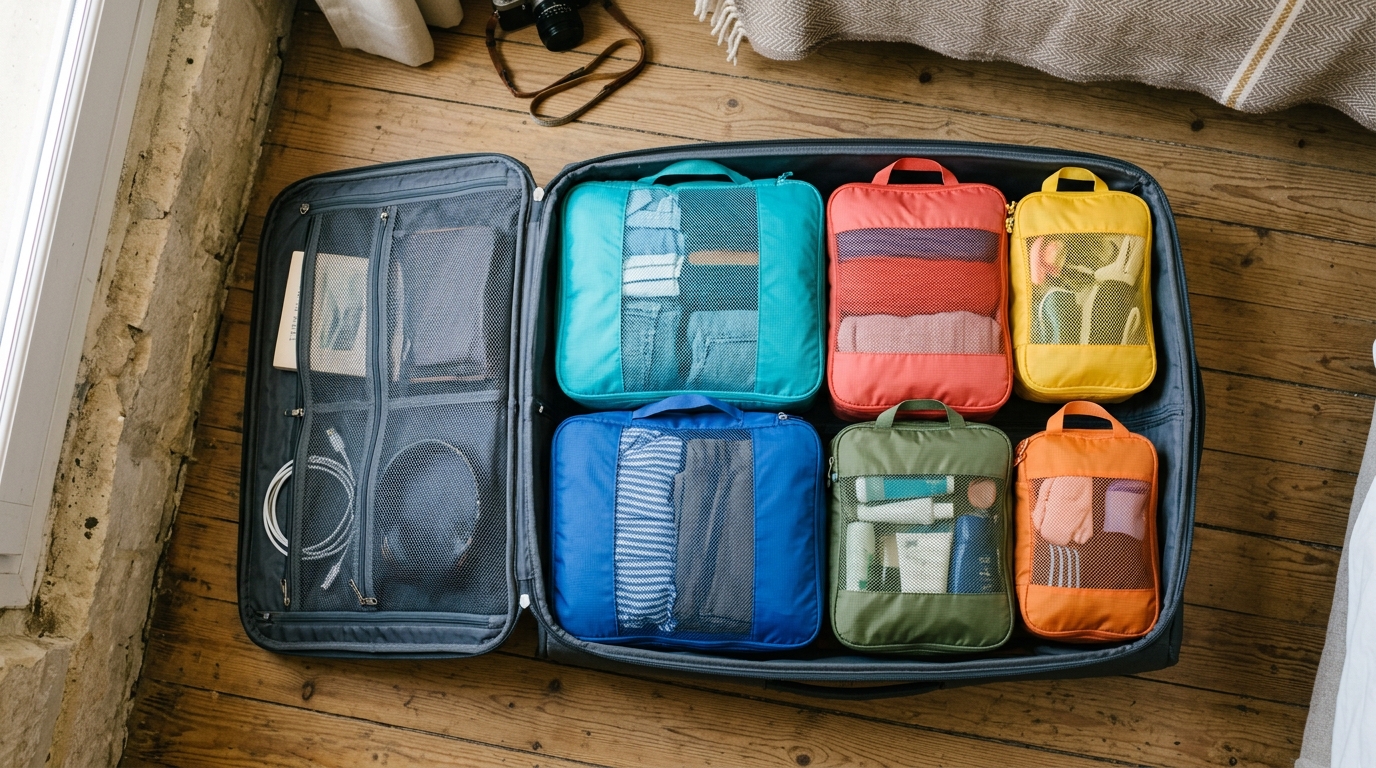 Cubes de rangement compressibles posés dans un bagage cabine ouvert