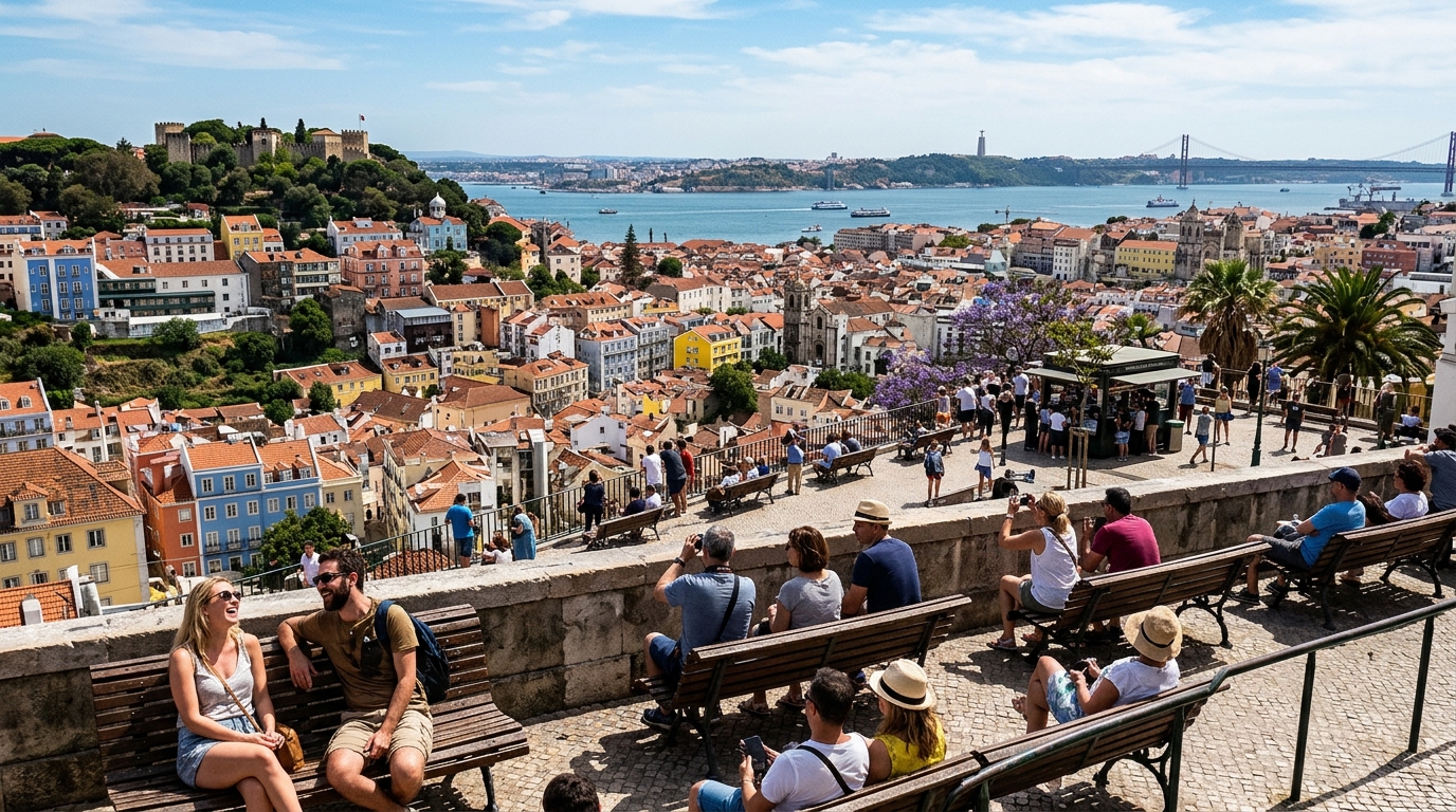 Vue panoramique sur Lisbonne depuis un miradouro, collines et Tage en arrière-plan