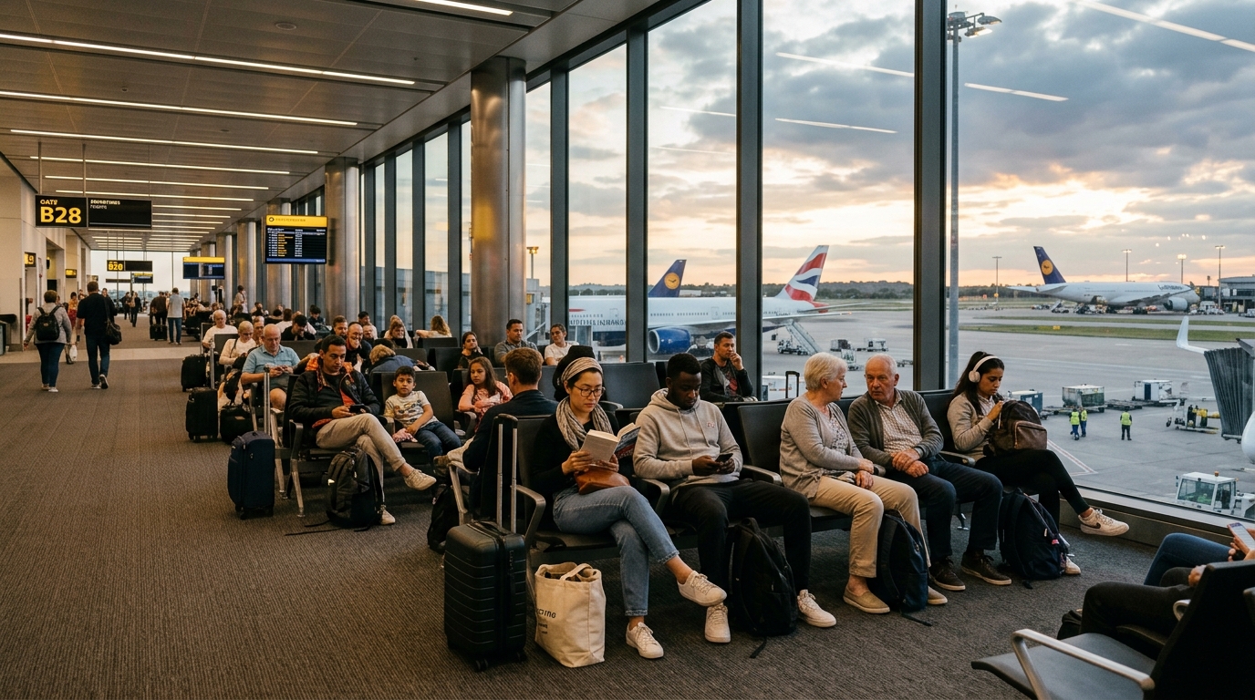 Zone de transit d'un aéroport avec voyageurs assis attendant leur correspondance