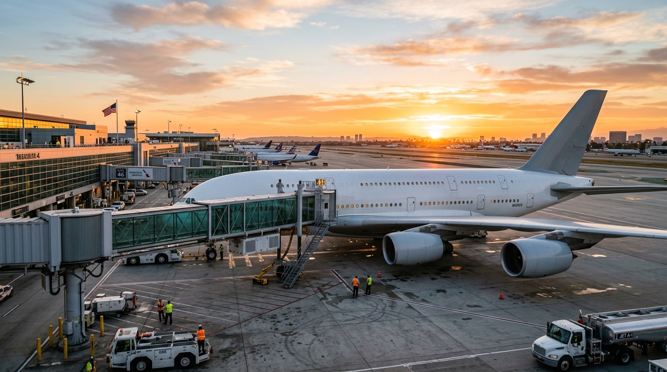Avion Airbus A380 au décollage depuis un grand aéroport américain