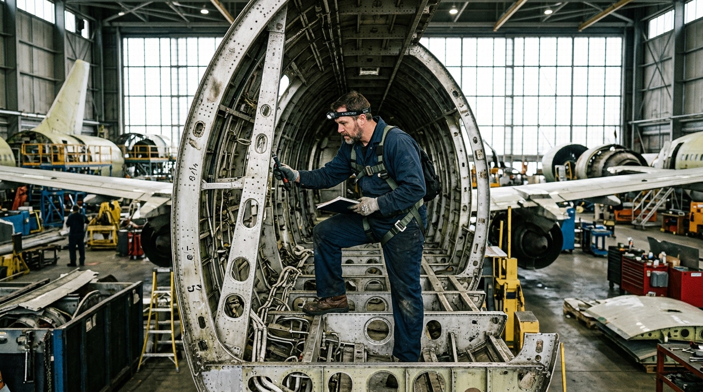 Airbus A340-600 Lufthansa en cours de démantèlement dans un hangar aéronautique