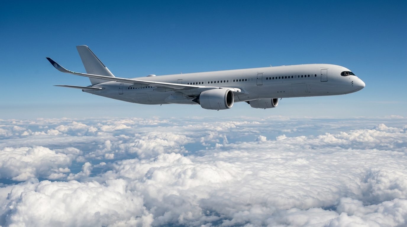 Vue extérieure d'un Airbus A350-1000 en vol au-dessus des nuages