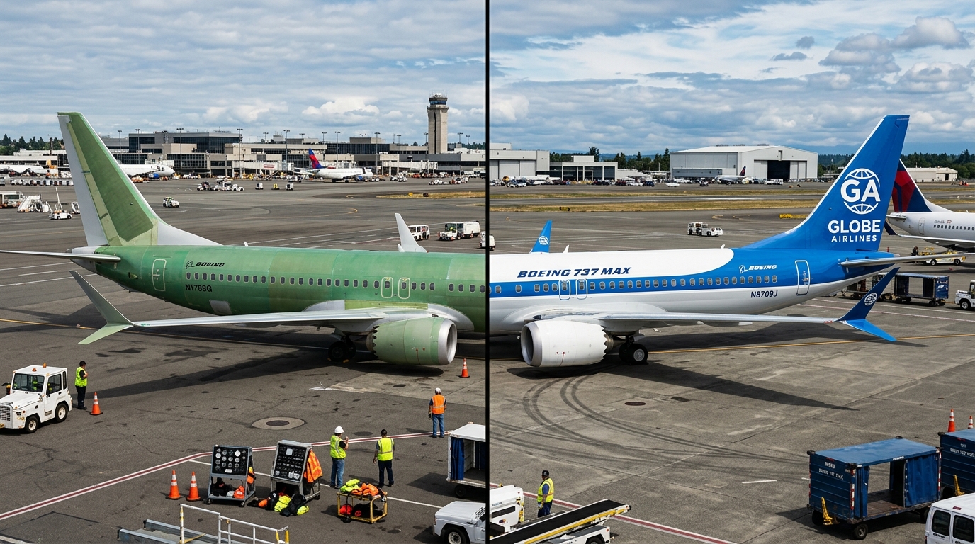 Avion Boeing en livrée finale après peinture, comparé au stade vert en usine