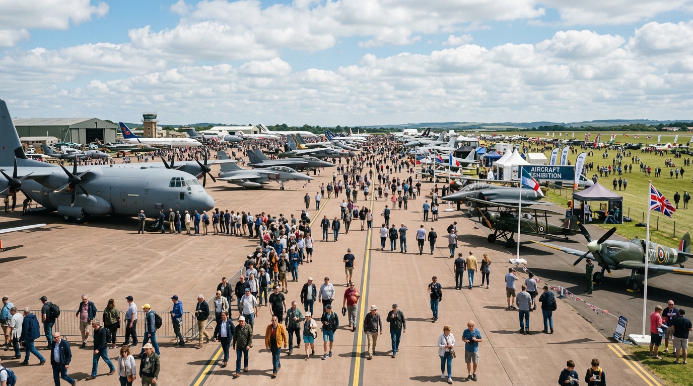 Exposants internationaux et avions au sol lors du Farnborough Airshow