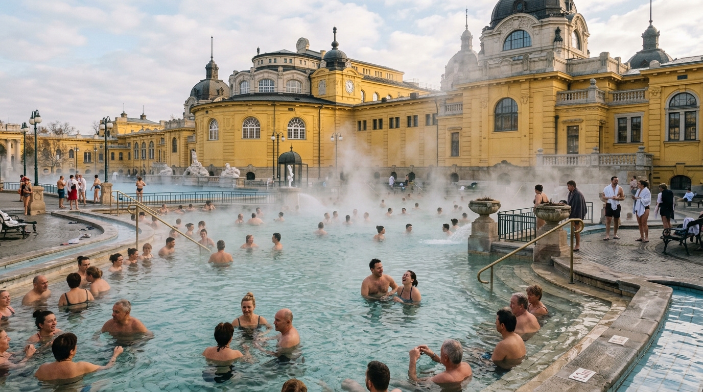 Intérieur des thermes Széchenyi de Budapest avec les bassins extérieurs en vapeur