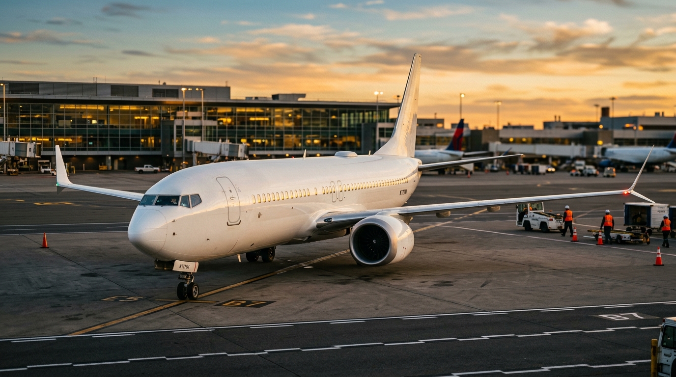 Boeing 737 MAX sur piste d'aéroport, vue extérieure de l'appareil
