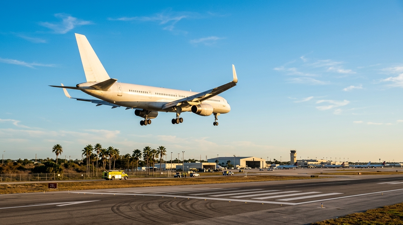 Boeing 757 en approche d'atterrissage sur une piste ensoleillée en Floride
