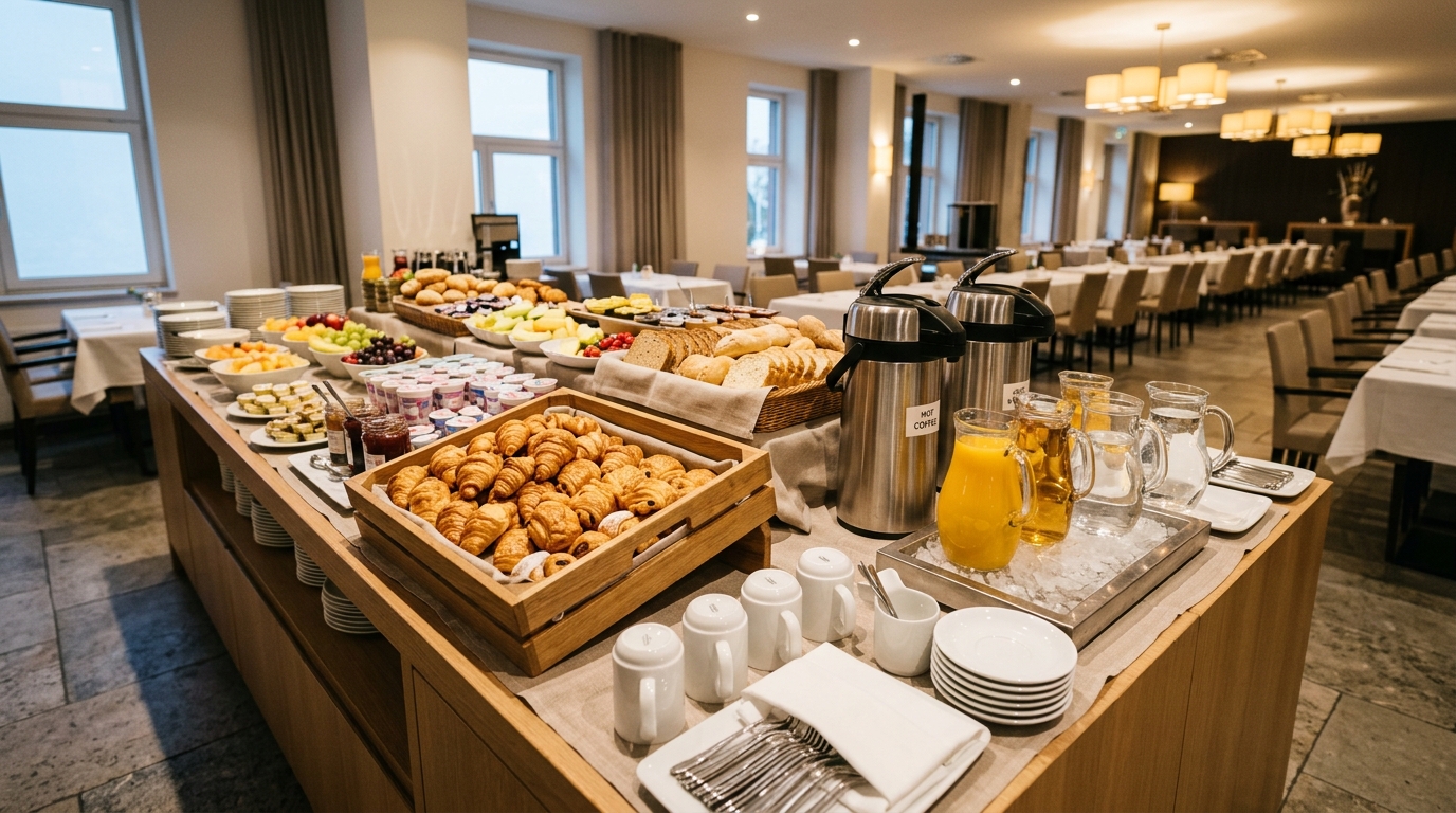 Buffet petit-déjeuner hôtel luxueux mais vide, lumière froide, ambiance marketing