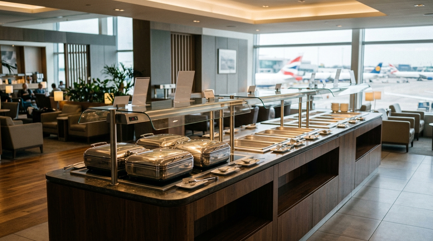 Salle d'un lounge d'aéroport avec buffet vide et chaises inoccupées