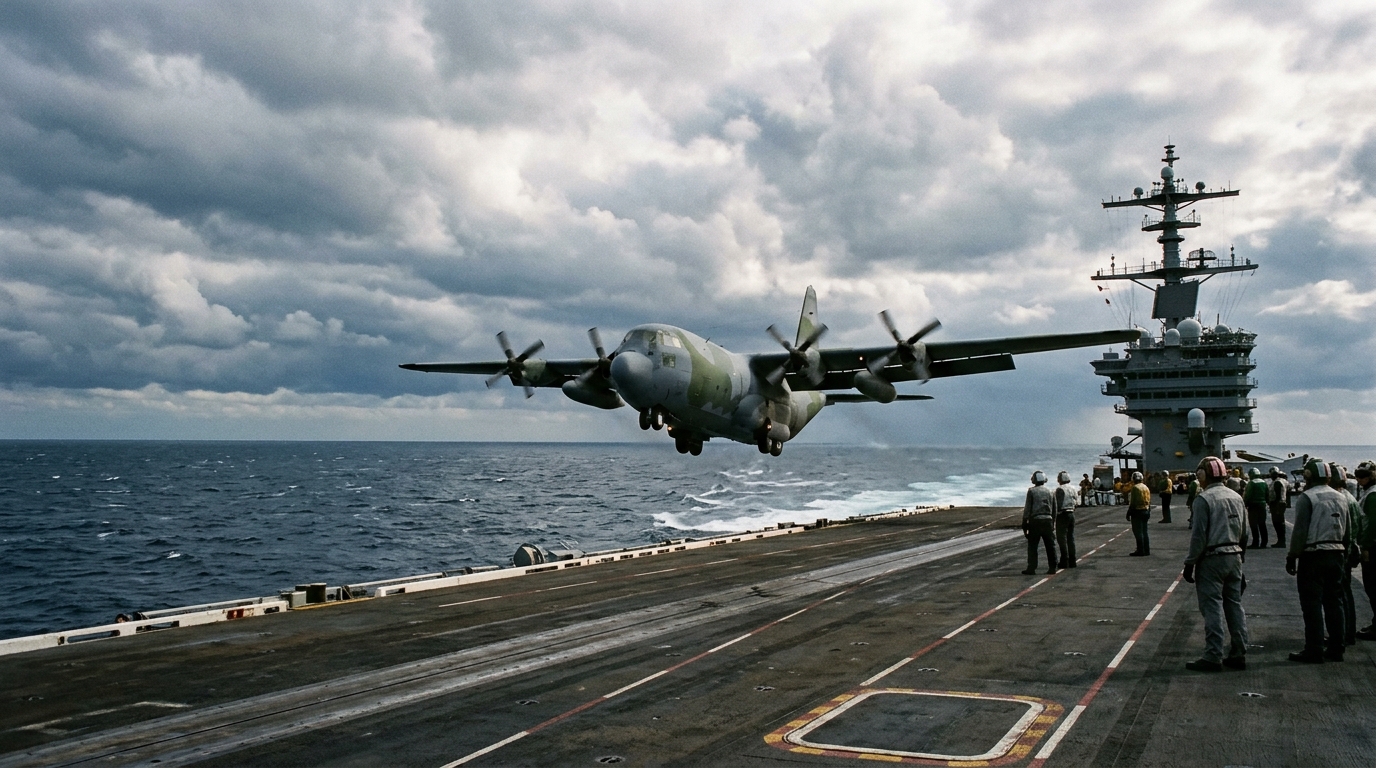 C-130 Hercules approchant un porte-avions en mer